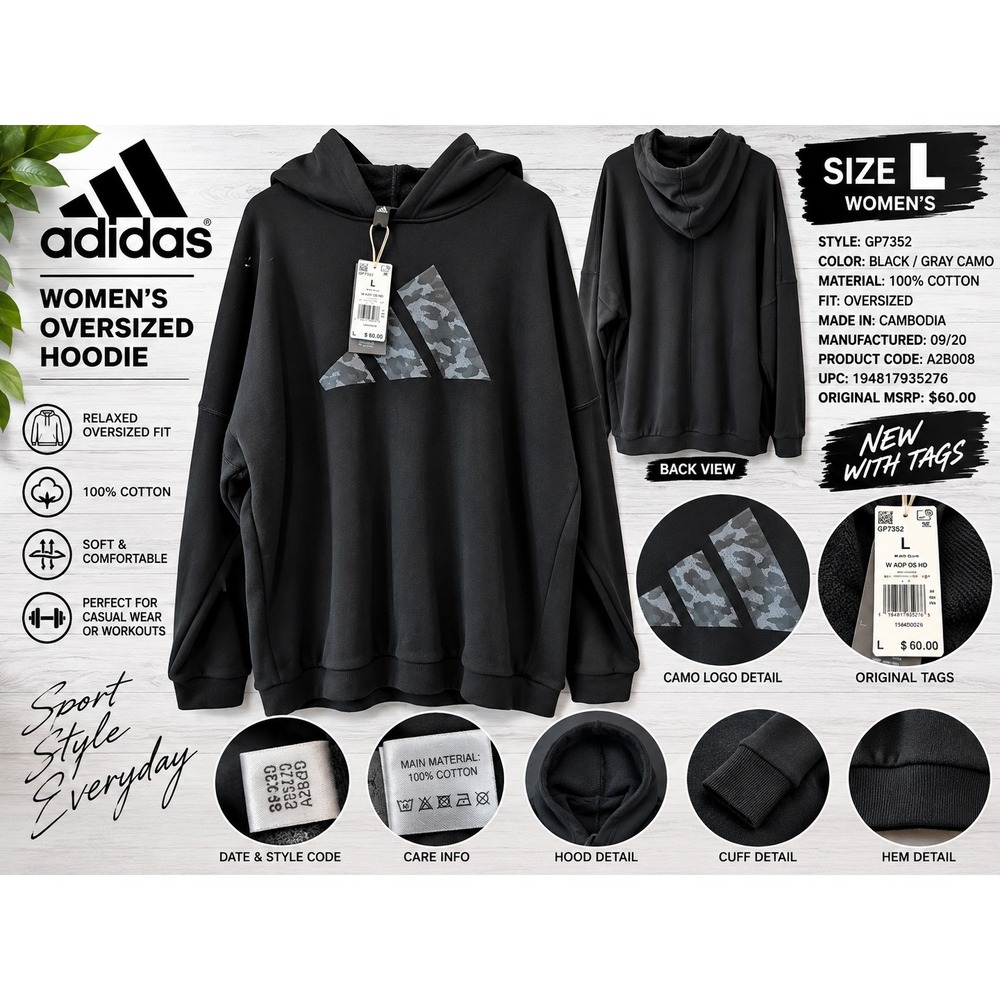 Adidas Womens Oversized Hoodie Black Grey Camo Logo Sweatshirt GP7352 L
